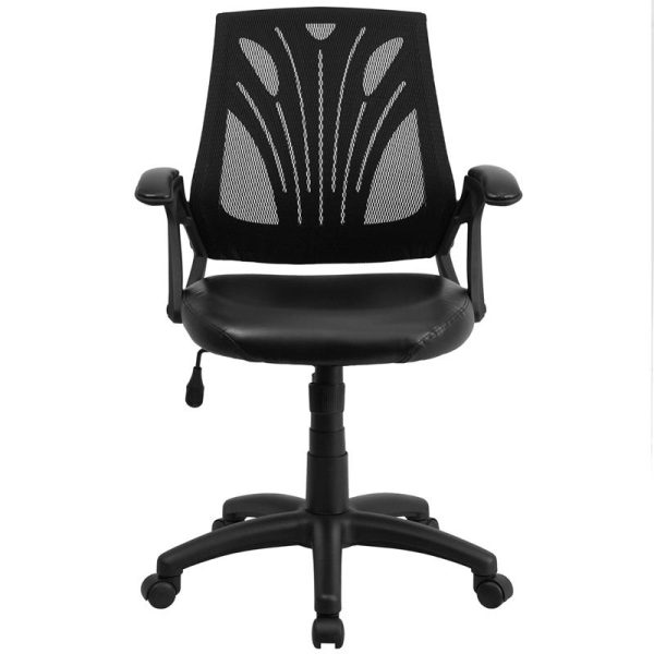 Mid-Back Designer Black Mesh Swivel Task Office Chair With Leathersoft Seat And Open Arms By Flash Furniture Discount - Image 4
