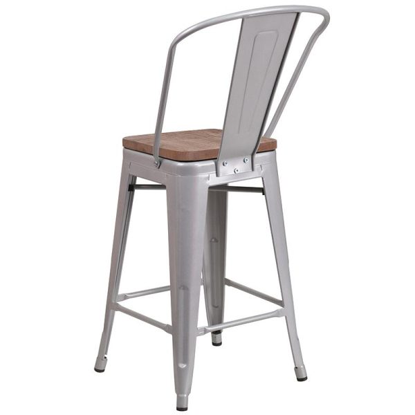 24  High Silver Metal Counter Height Stool With Back And Wood Seat By Flash Furniture For Cheap - Image 3