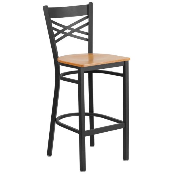 Hercules Series Black   X   Back Metal Restaurant Barstool - Natural Wood Seat By Flash Furniture Online