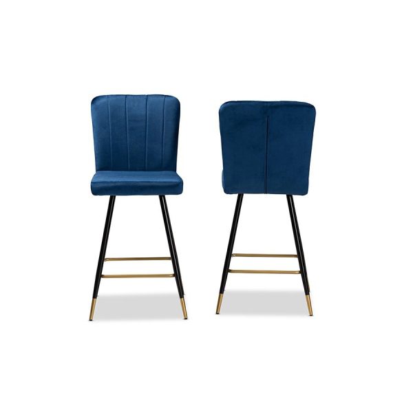 Baxton Studio Preston Modern Luxe and Glam Navy Blue Velvet Fabric Upholstered and Two-Tone Black and Gold Finished Metal 2-Piece Bar Stool Set Supply - Image 2