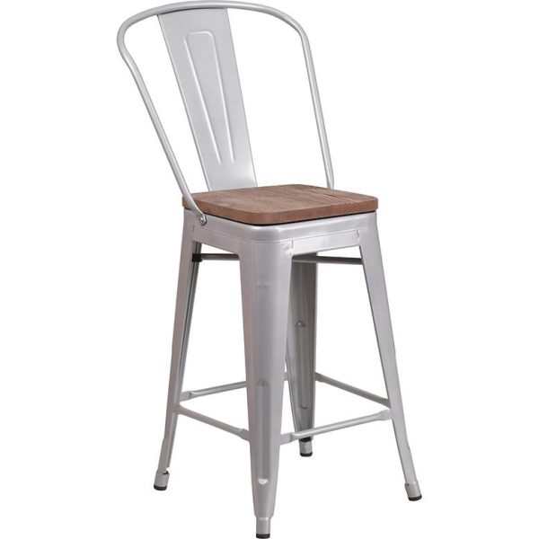 24  High Silver Metal Counter Height Stool With Back And Wood Seat By Flash Furniture For Cheap