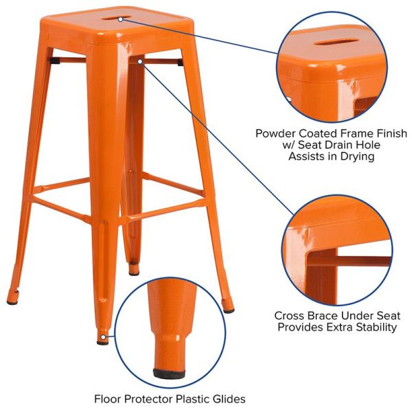 Commercial Grade 30  High Backless Orange Metal Indoor-Outdoor Barstool With Square Seat By Flash Furniture Cheap - Image 2