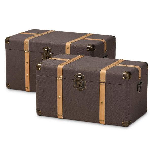 Baxton Studio Stephen Modern and Contemporary Transitional Dark Brown Fabric Upholstered and Oak Brown Finished 2-Piece Storage Trunk Set Online Sale - Image 2