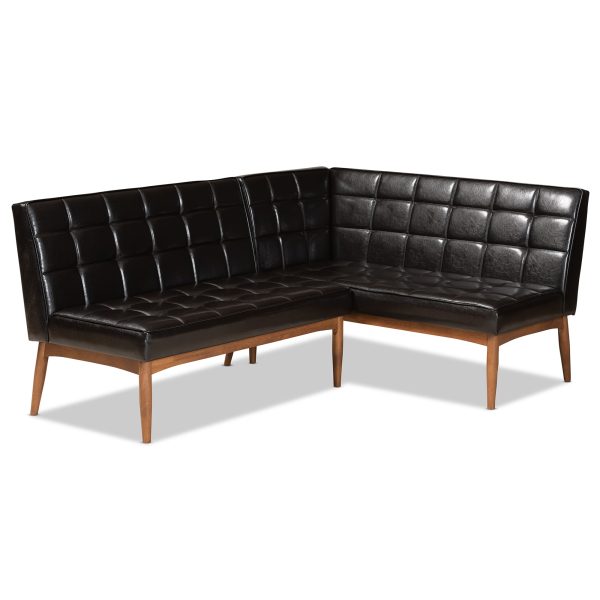Baxton Studio Sanford Mid-Century Modern Dark Brown Faux Leather Upholstered and Walnut Brown Finished Wood 2-Piece Dining Nook Banquette Set For Sale - Image 2