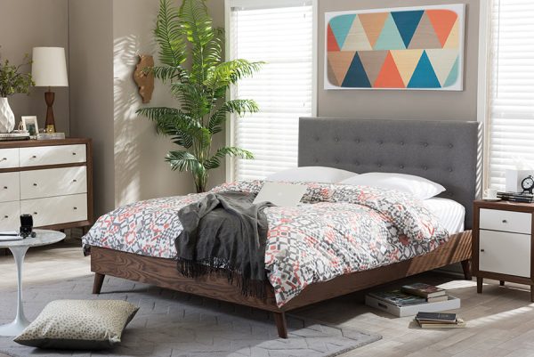 Baxton Studio Alinia Mid-century Retro Modern Grey Fabric Upholstered Walnut Wood Queen Size Platform Bed Fashion