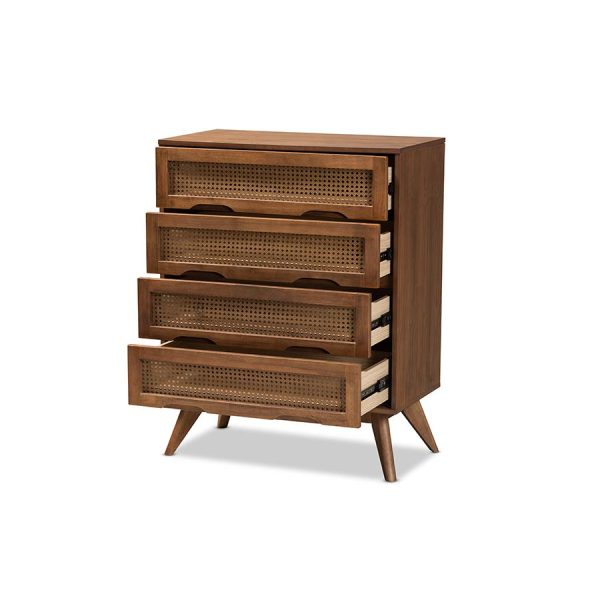 Baxton Studio Barrett Mid-Century Modern Walnut Brown Finished Wood and Synthetic Rattan 4-Drawer Chest Sale - Image 3