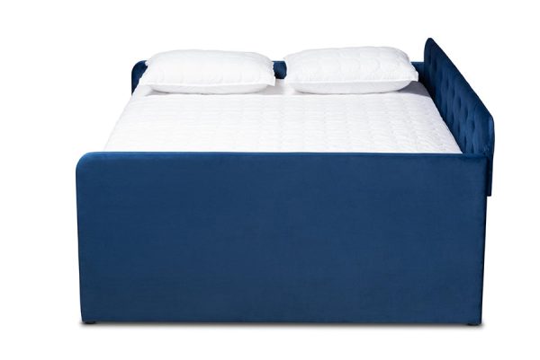 Baxton Studio Jona Modern and Contemporary Transitional Navy Blue Velvet Fabric Upholstered and Button Tufted Queen Size Daybed with Trundle Supply - Image 3