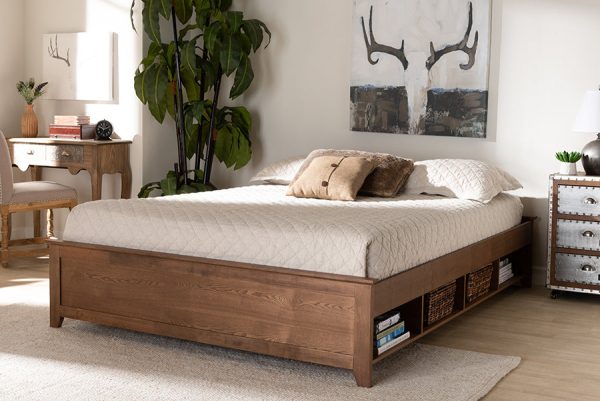 Baxton Studio Anders Traditional and Rustic Ash Walnut Brown Finished Wood King Size Platform Storage Bed Frame with Built-In Shelves Supply