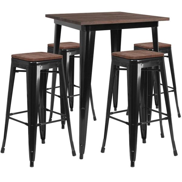 31.5  Square Black Metal Bar Table Set With Wood Top And 4 Backless Stools By Flash Furniture Online Hot Sale
