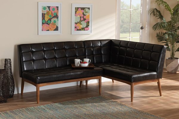 Baxton Studio Sanford Mid-Century Modern Dark Brown Faux Leather Upholstered and Walnut Brown Finished Wood 2-Piece Dining Nook Banquette Set For Sale