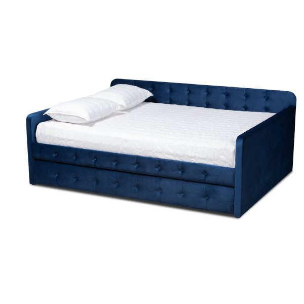 Baxton Studio Jona Modern and Contemporary Transitional Navy Blue Velvet Fabric Upholstered and Button Tufted Queen Size Daybed with Trundle Supply