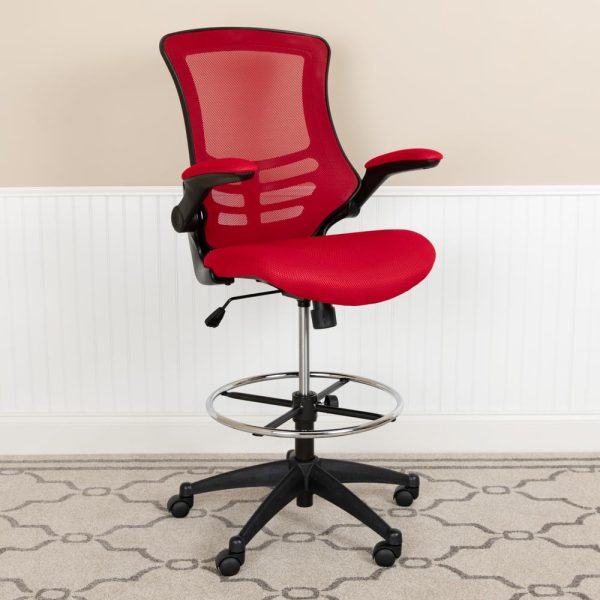 Mid-Back Red Mesh Ergonomic Drafting Chair With Adjustable Foot Ring And Flip-Up Arms By Flash Furniture Sale - Image 2