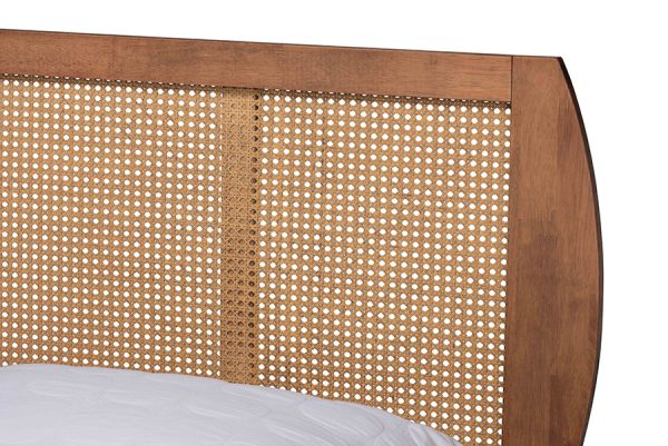 Baxton Studio Asami Mid-Century Modern Walnut Brown Finished Wood and Synthetic Rattan Queen Size Platform Bed Online now - Image 3