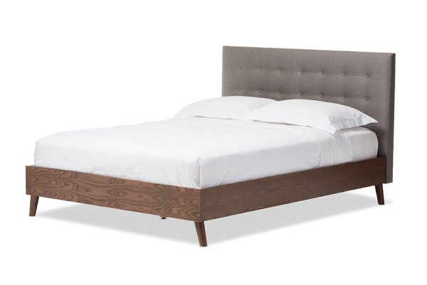 Baxton Studio Alinia Mid-century Retro Modern Grey Fabric Upholstered Walnut Wood Queen Size Platform Bed Fashion - Image 2