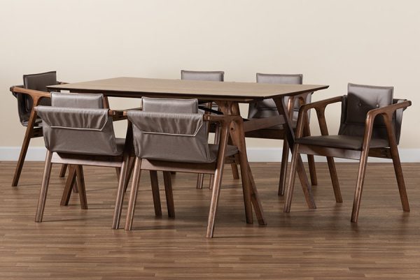 Baxton Studio Marcena Mid-Century Modern Grey Imitation Leather Upholstered and Walnut Brown Finished Wood 7-Piece Dining Set Online now - Image 3
