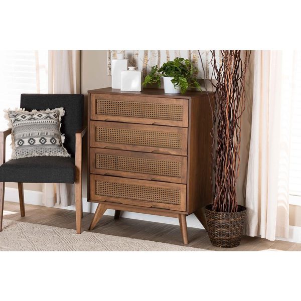 Baxton Studio Barrett Mid-Century Modern Walnut Brown Finished Wood and Synthetic Rattan 4-Drawer Chest Sale