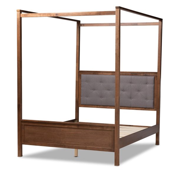 Baxton Studio Natasha Modern and Contemporary Grey Fabric Upholstered and Walnut Brown Finished Wood Queen Size Platform Canopy Bed For Discount