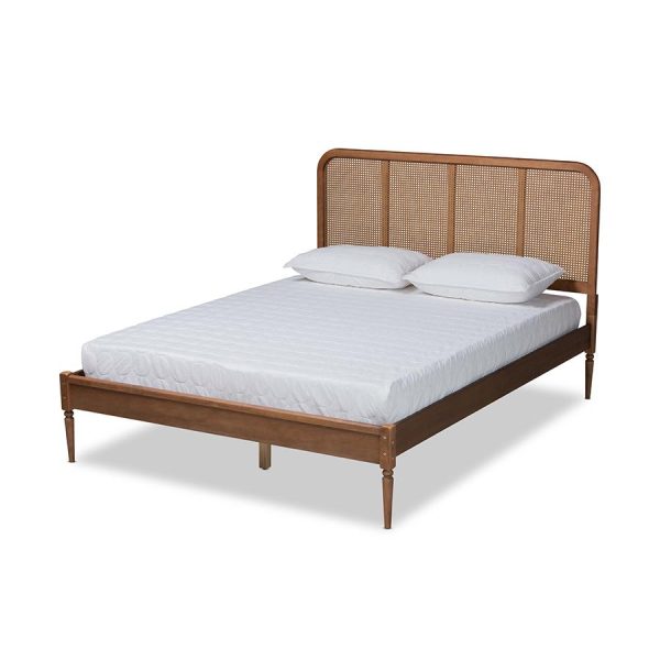 Baxton Studio Elston Mid-Century Modern Walnut Brown Finished Wood and Synthetic Rattan King Size Platform Bed For Sale