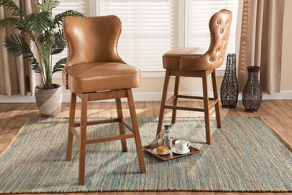 Baxton Studio Gradisca Modern and Contemporary Tan Faux Leather Upholstered and Walnut Brown Finished Wood 2-Piece Swivel Bar Stool Set Hot on Sale