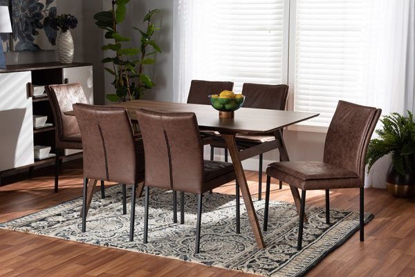 Baxton Studio Gerard Modern and Contemporary Distressed Brown Fabric Upholstered and Black Finished Metal with Walnut Brown Finished Wood 7-Piece Dining Set Cheap